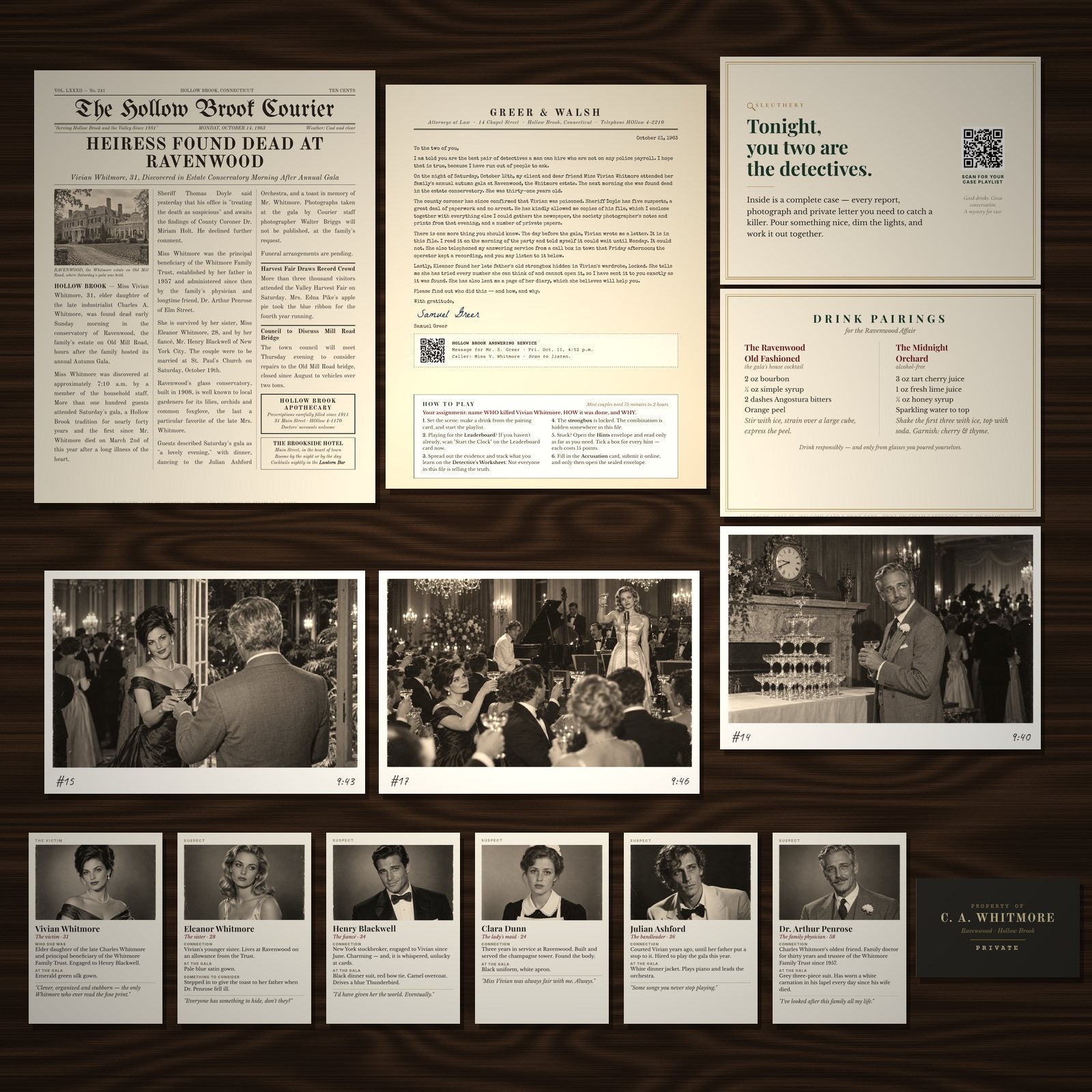 Every piece of Case No. 01 laid out in rows: newspaper, letter, cards, photo prints and suspect cards