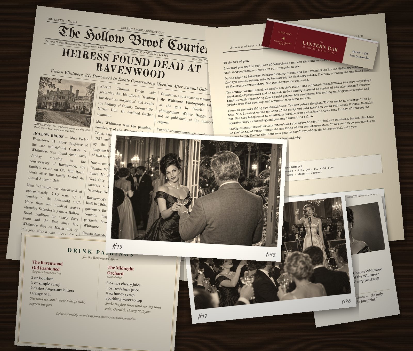 Evidence from Case No. 01 spread on a wooden table: the newspaper, the lawyer’s letter, photo prints and the drink pairing card